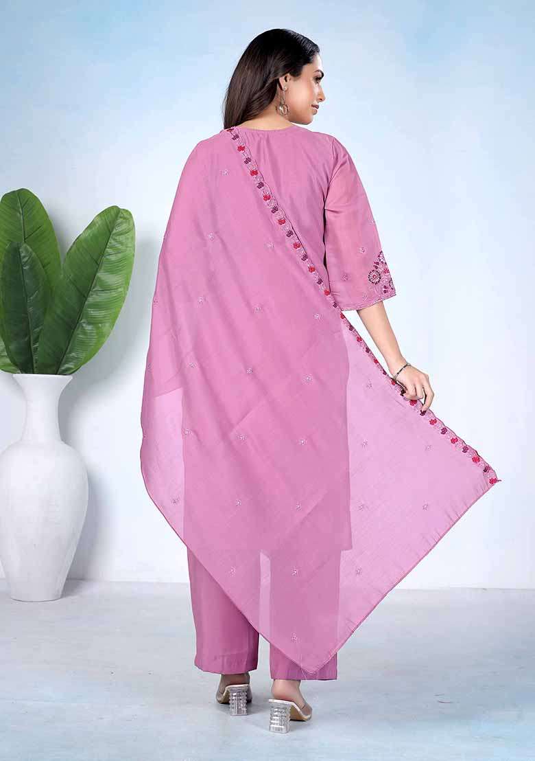Purple Embroidery Cotton Kurta Set - Indya
