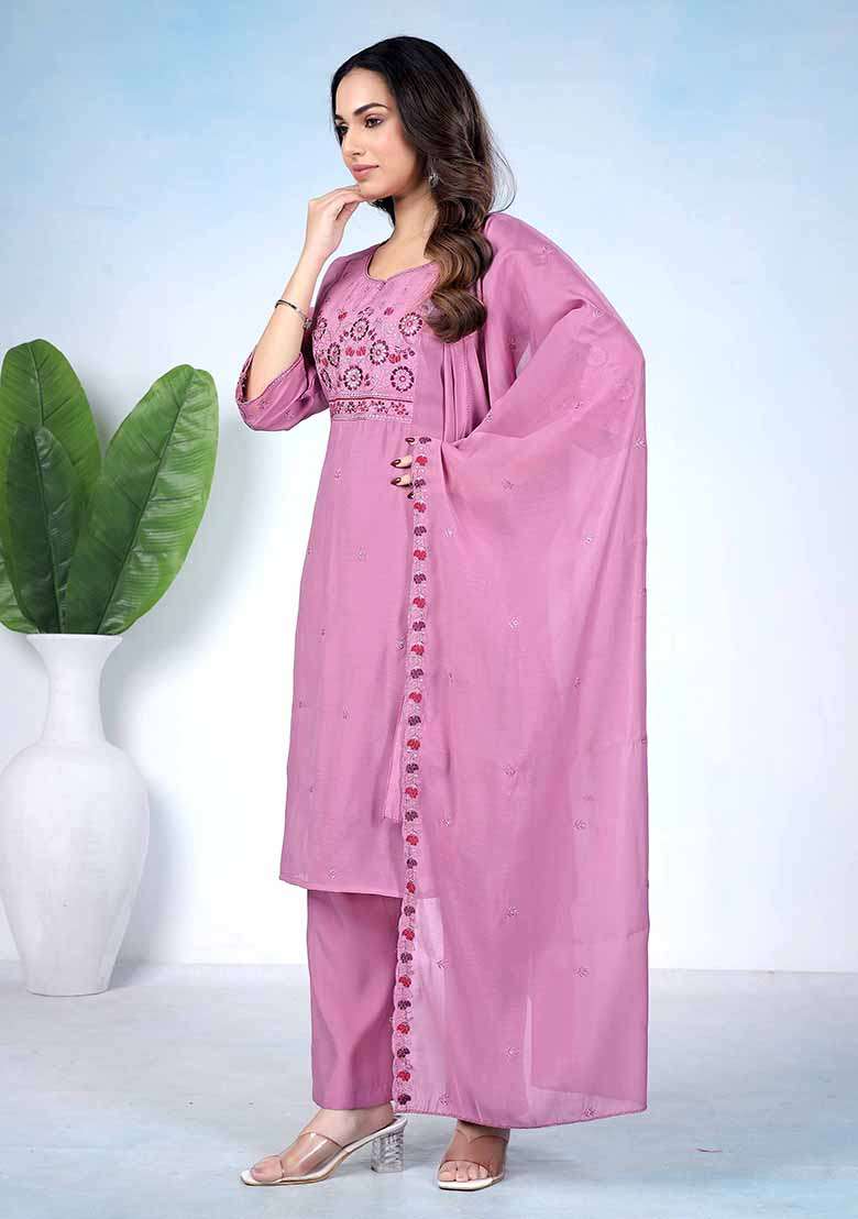 Purple Embroidery Cotton Kurta Set - Indya