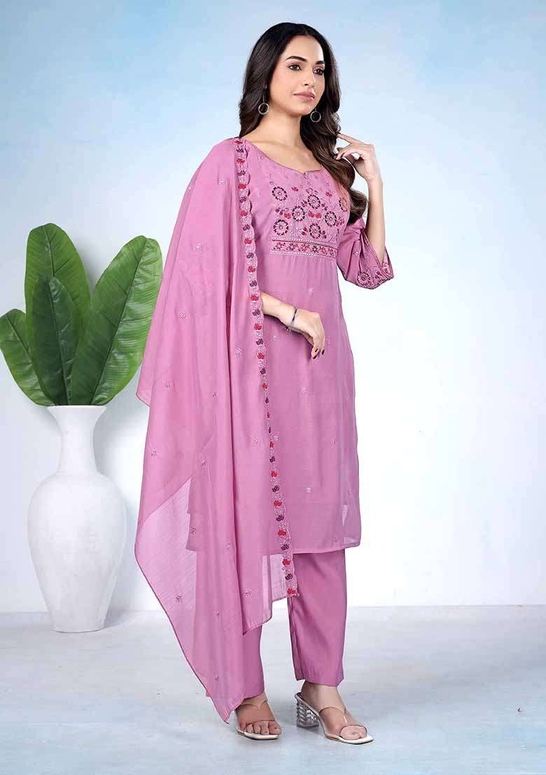 Purple Embroidery Cotton Kurta Set - Indya