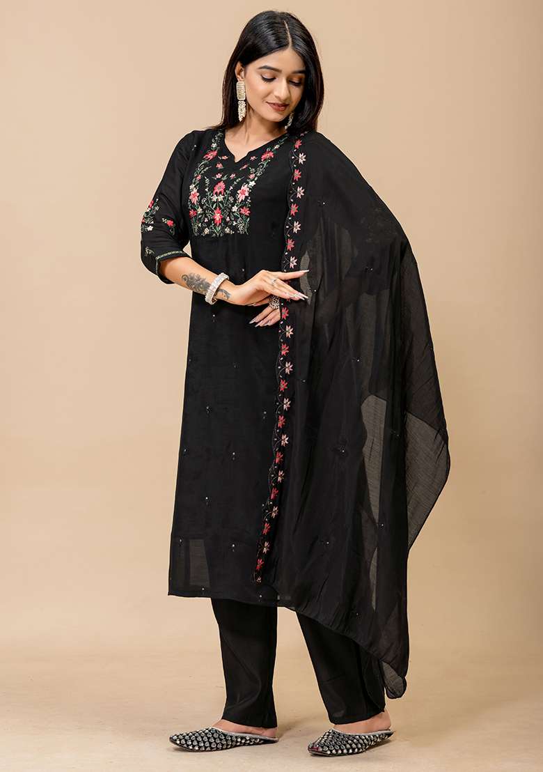 Black Embroidery Roman Kurta Set - Indya