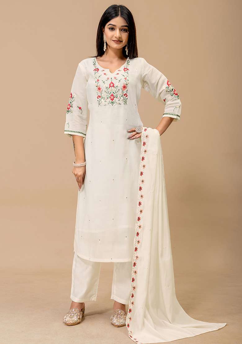 Off White Embroidery Roman Kurta Set - Indya