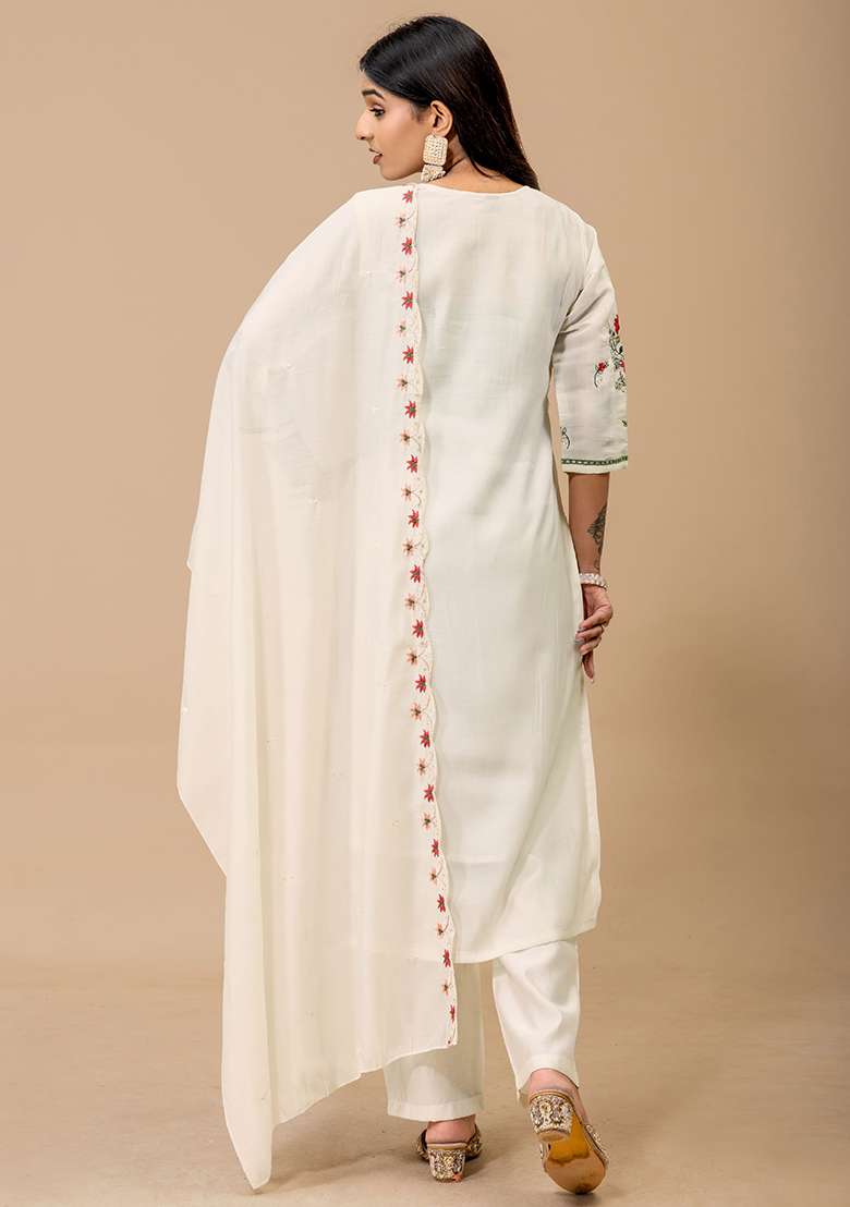 Off White Embroidery Roman Kurta Set - Indya