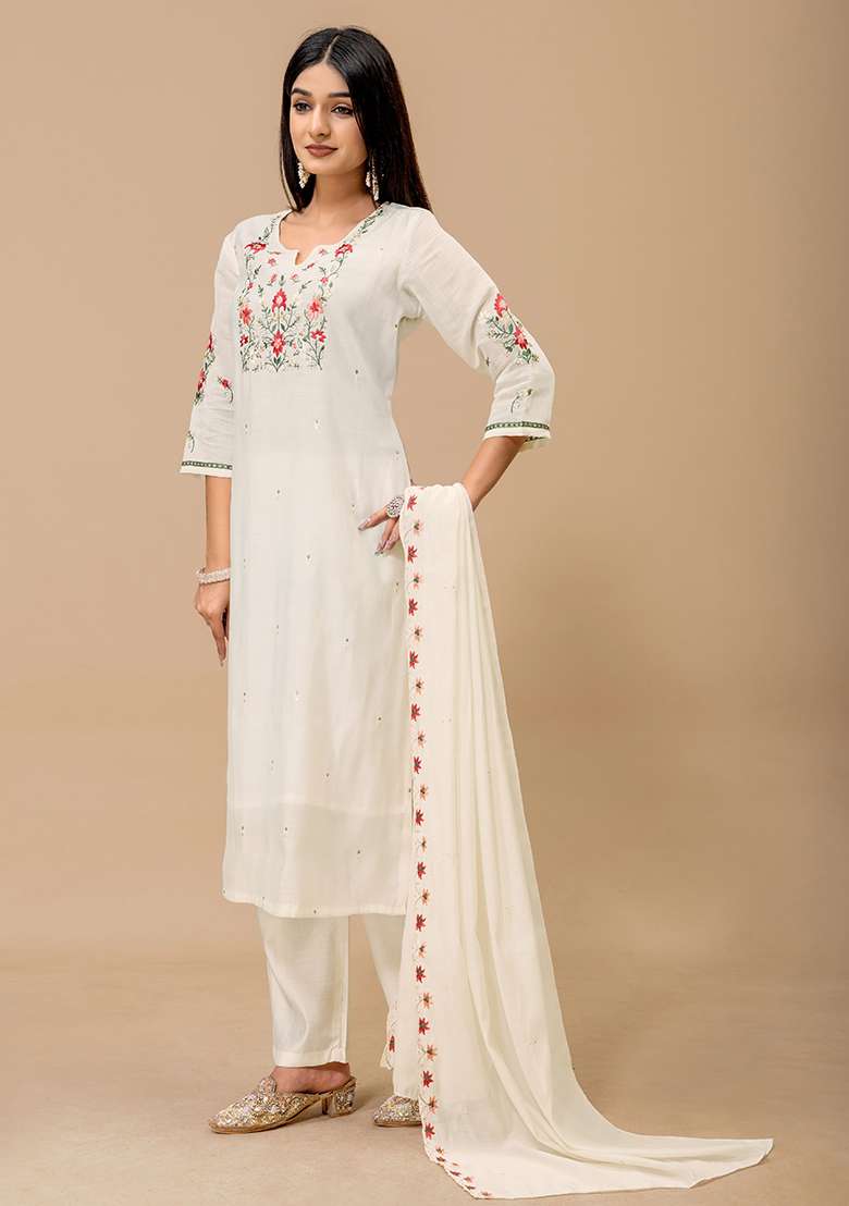 Off White Embroidery Roman Kurta Set - Indya