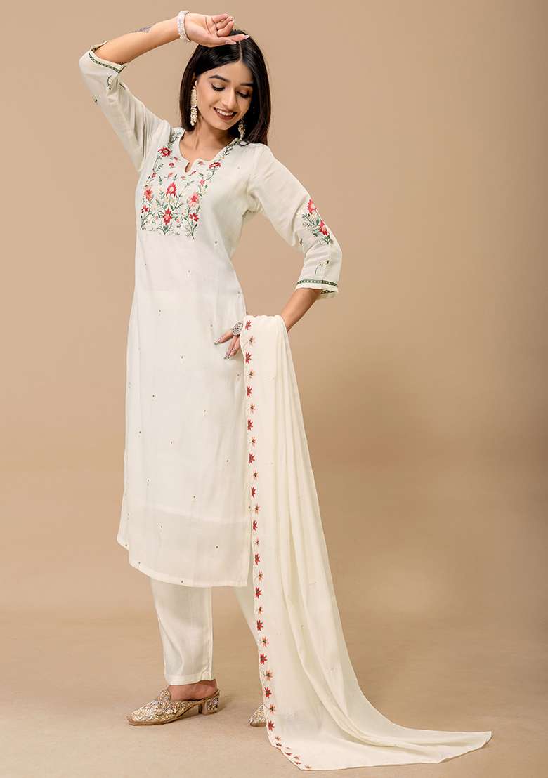 Off White Embroidery Roman Kurta Set - Indya