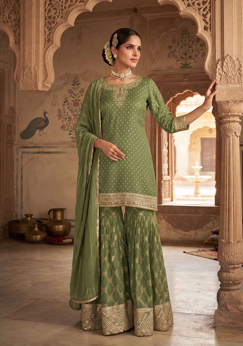 Green Embroidery Viscose Palazzo Set - Indya