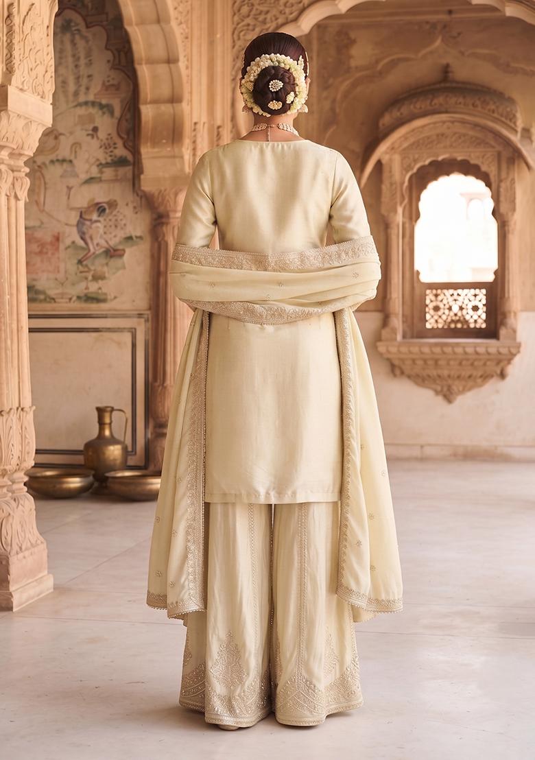 Off White Embroidery Viscose Palazzo Set - Indya