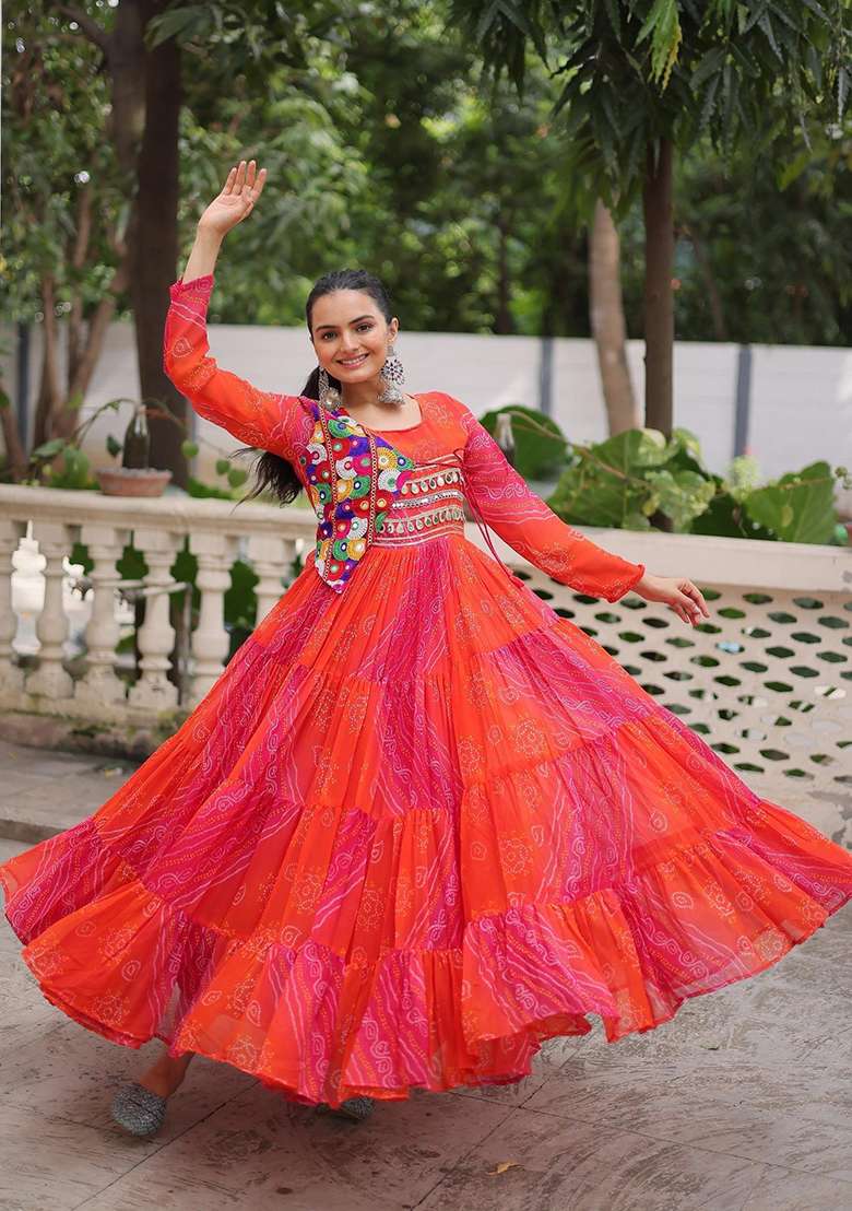 Orange Lehariya Georgette Anarkali - Indya
