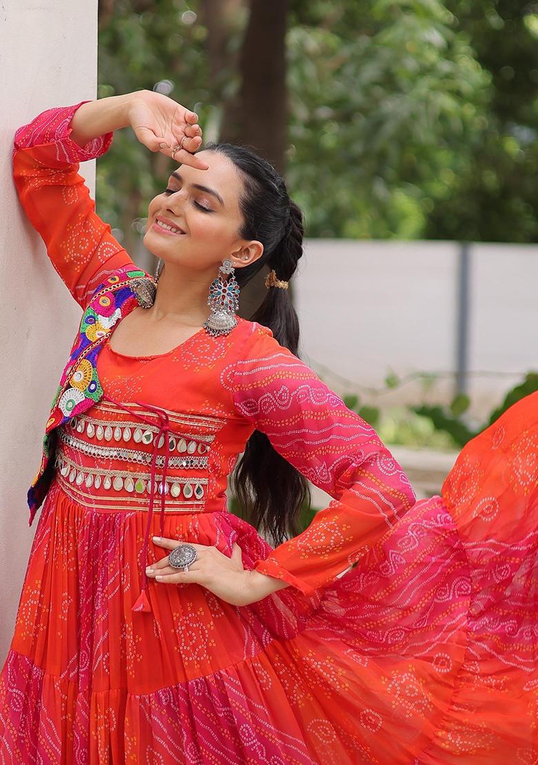 Orange Lehariya Georgette Anarkali - Indya