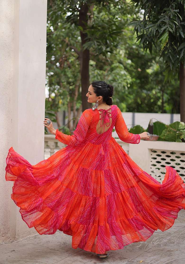 Orange Lehariya Georgette Anarkali - Indya