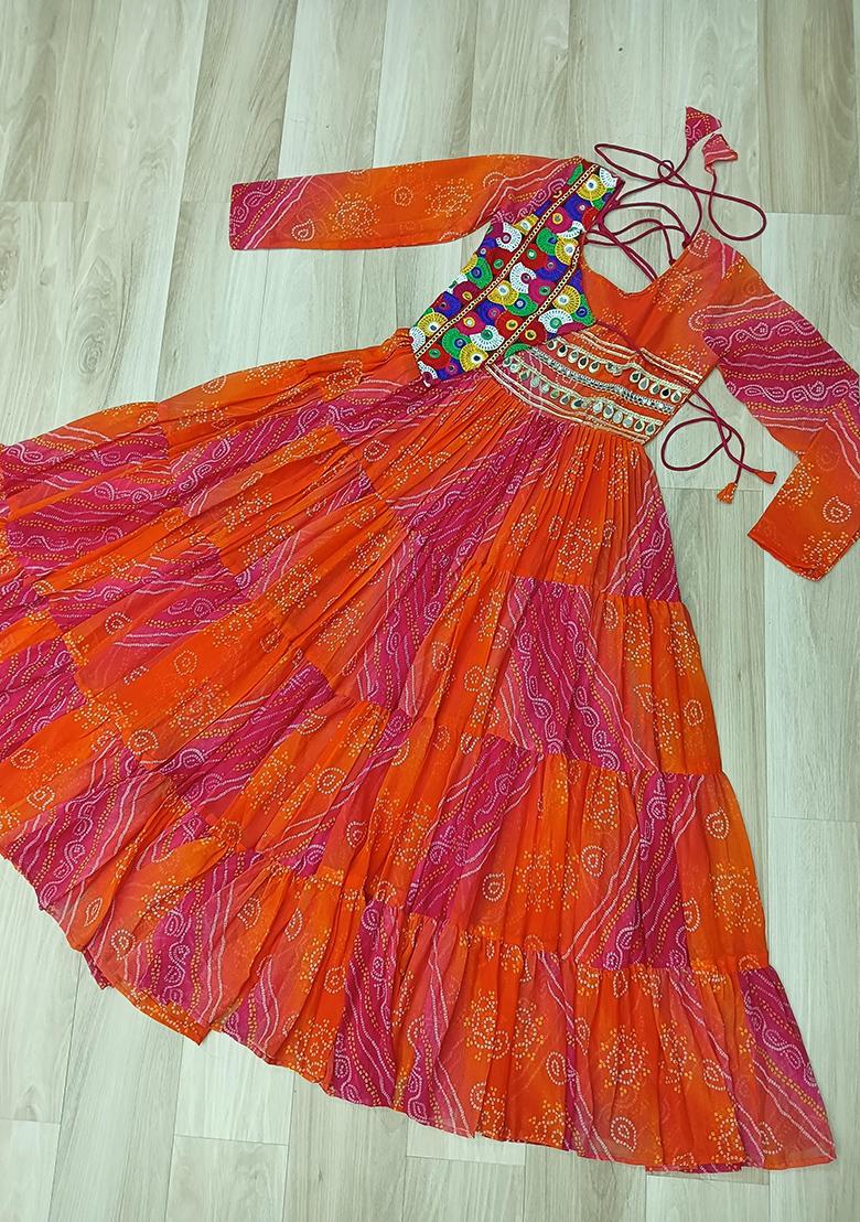 Orange Lehariya Georgette Anarkali - Indya