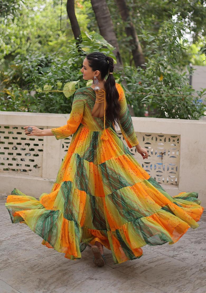 Yellow Lehariya Georgette Anarkali - Indya