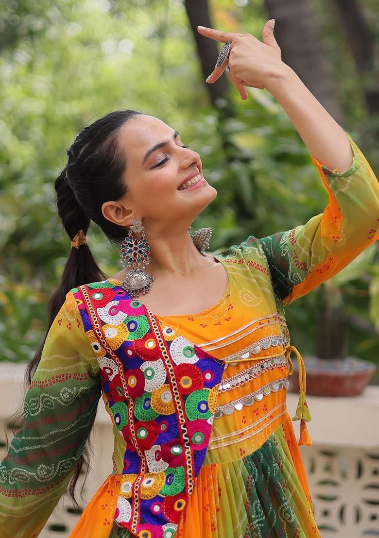 Yellow Lehariya Georgette Anarkali - Indya