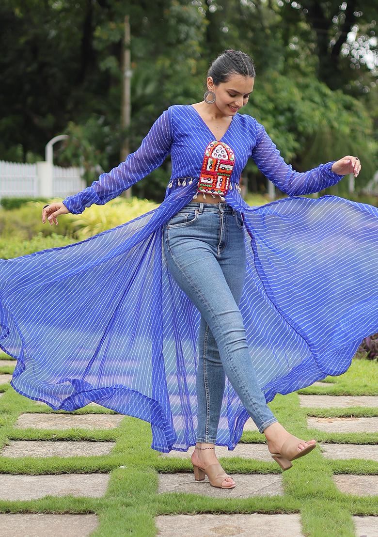Blue Kutchi Patchework Georgette Anarkali - Indya