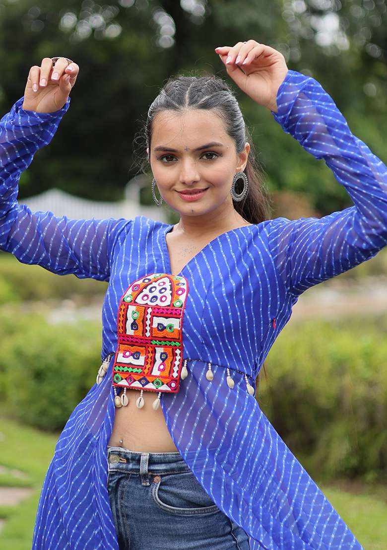 Blue Kutchi Patchework Georgette Anarkali - Indya