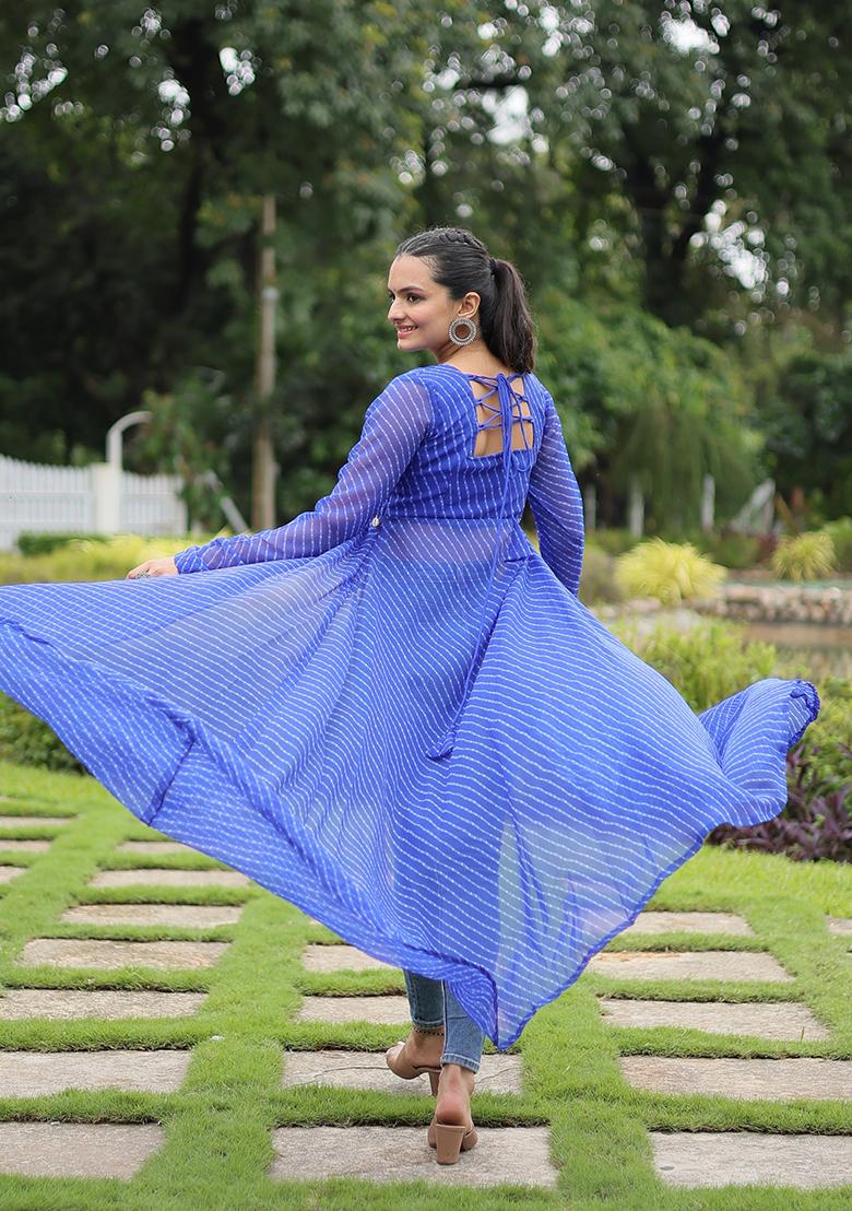 Blue Kutchi Patchework Georgette Anarkali - Indya