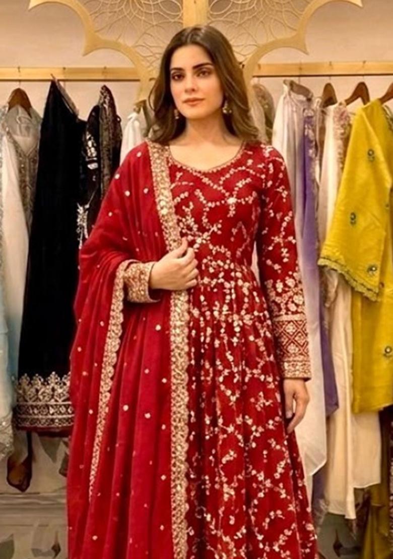 Red Embroidery Silk Anarkali Set - Indya