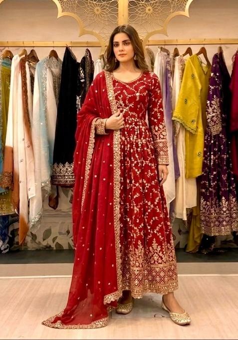 Red Embroidery Silk Anarkali Set