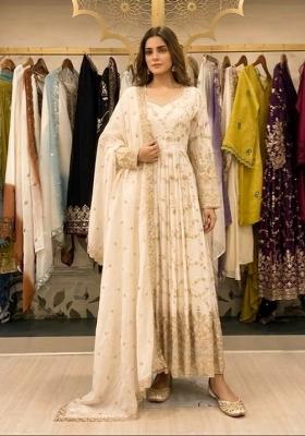 White Embroidery Silk Anarkali Set
