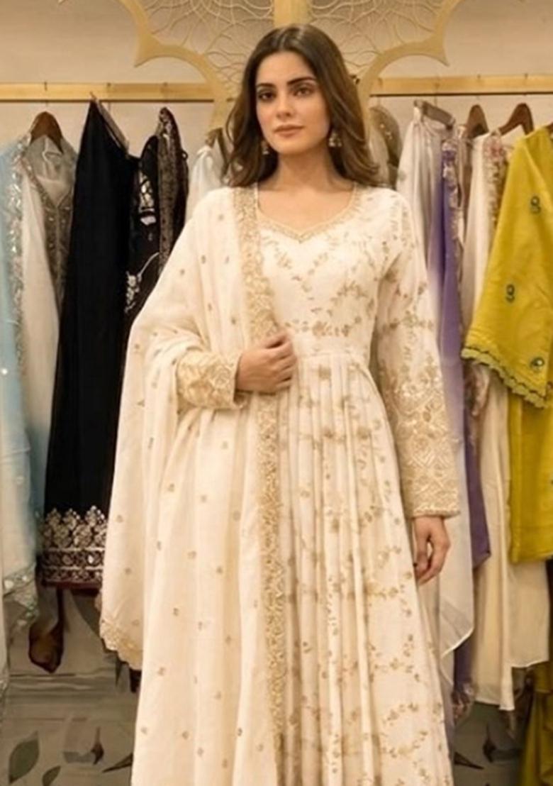White Embroidery Silk Anarkali Set - Indya