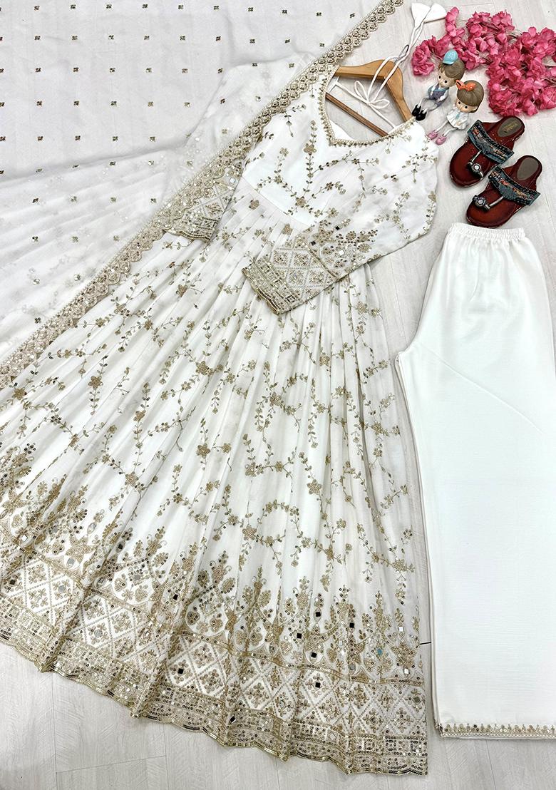 White Embroidery Silk Anarkali Set - Indya