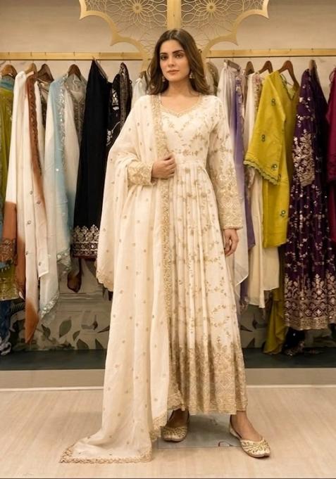 White Embroidery Silk Anarkali Set