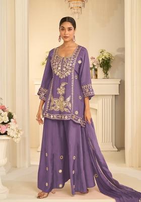 Lavender Embroidery Silk Kurta Set
