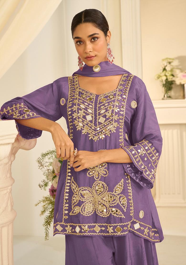 Lavender Embroidery Silk Kurta Set - Indya