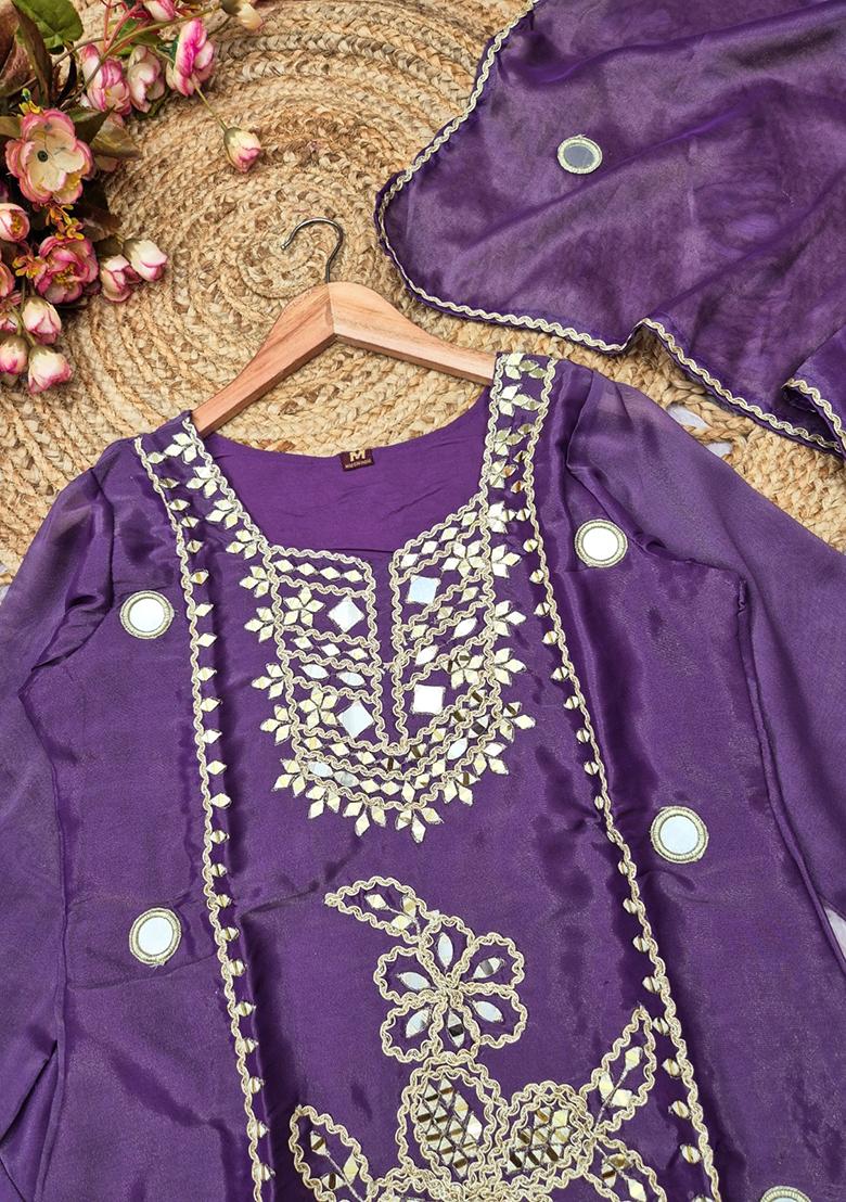 Lavender Embroidery Silk Kurta Set - Indya