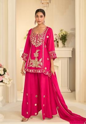 Rani Pink Embroidery Silk Kurta Set