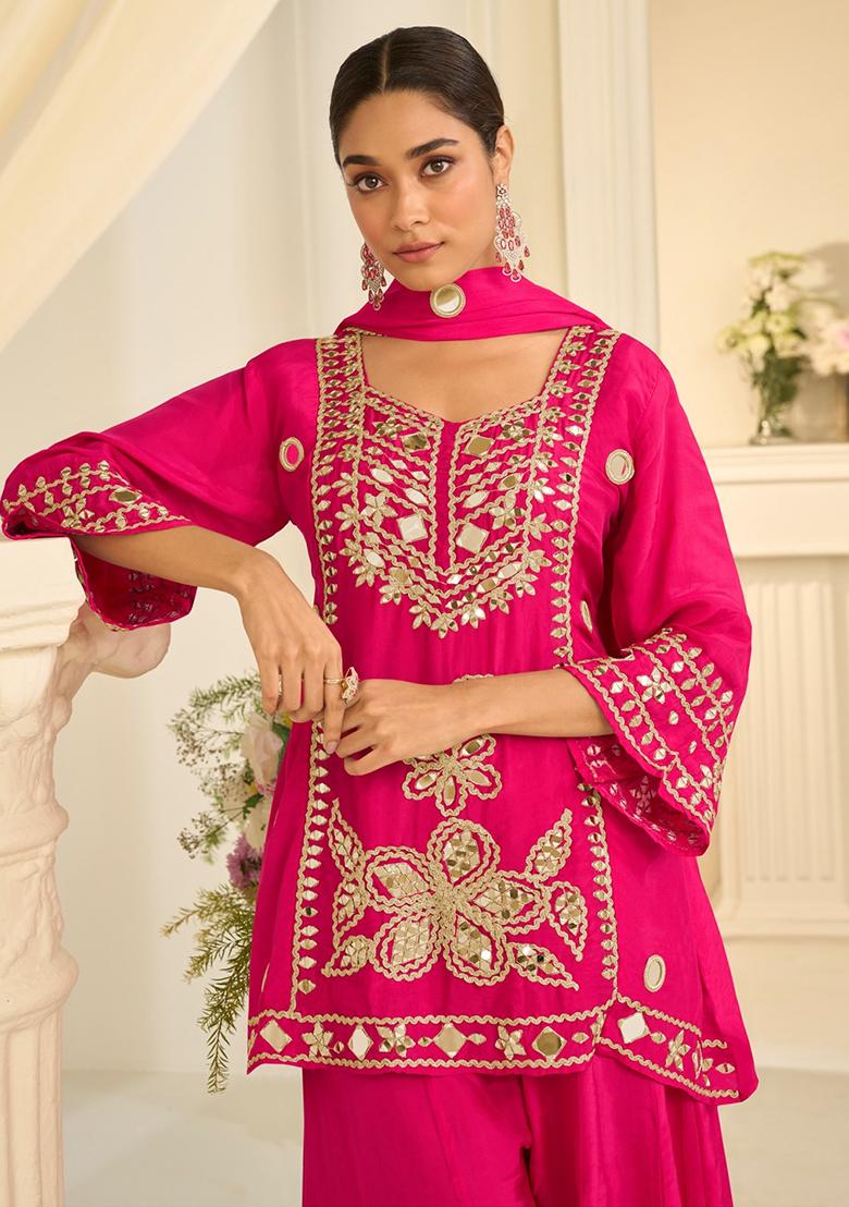 Rani Pink Embroidery Silk Kurta Set - Indya