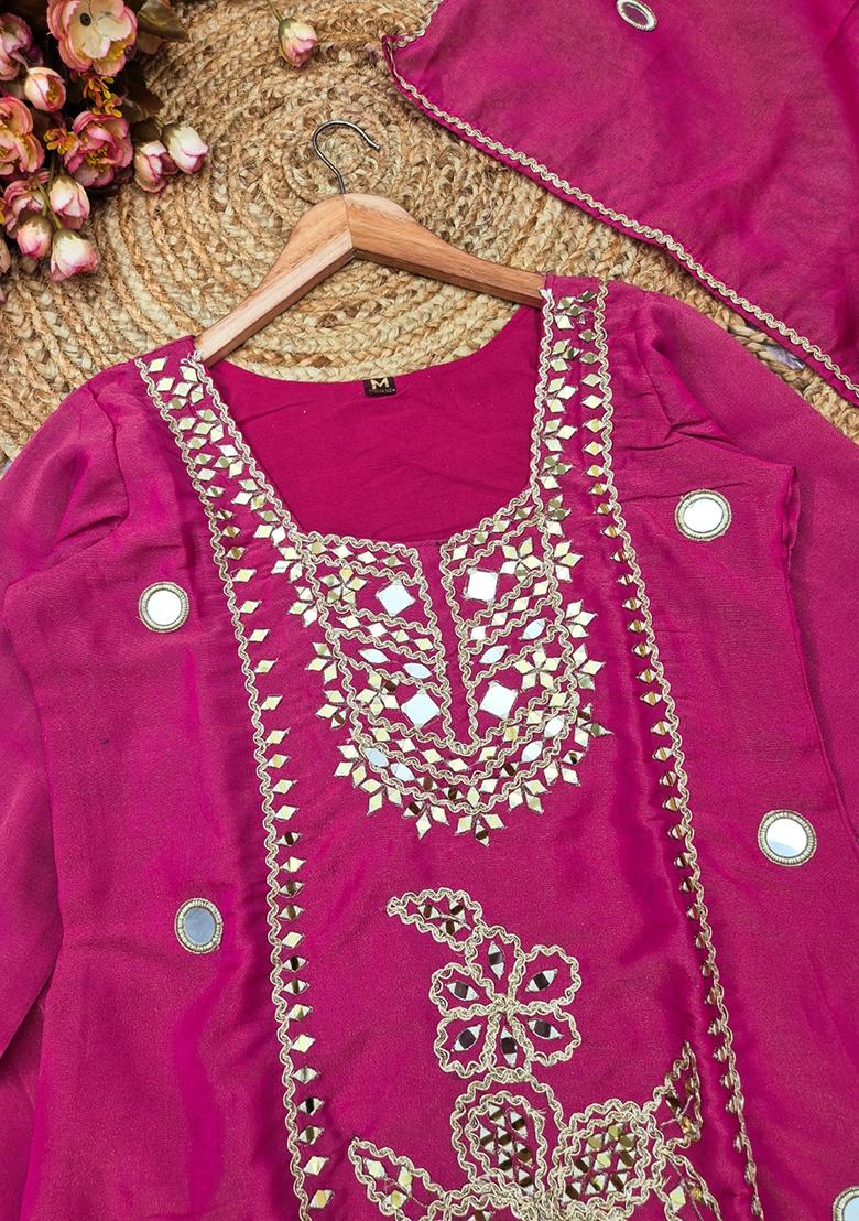 Rani Pink Embroidery Silk Kurta Set - Indya