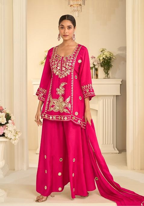 Rani Pink Embroidery Silk Kurta Set