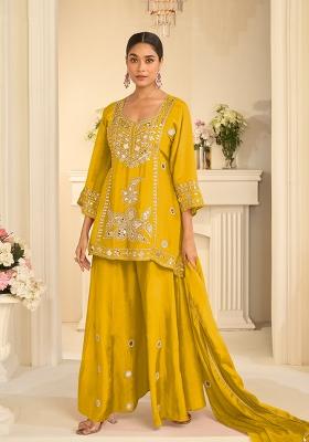Yellow Embroidery Silk Kurta Set