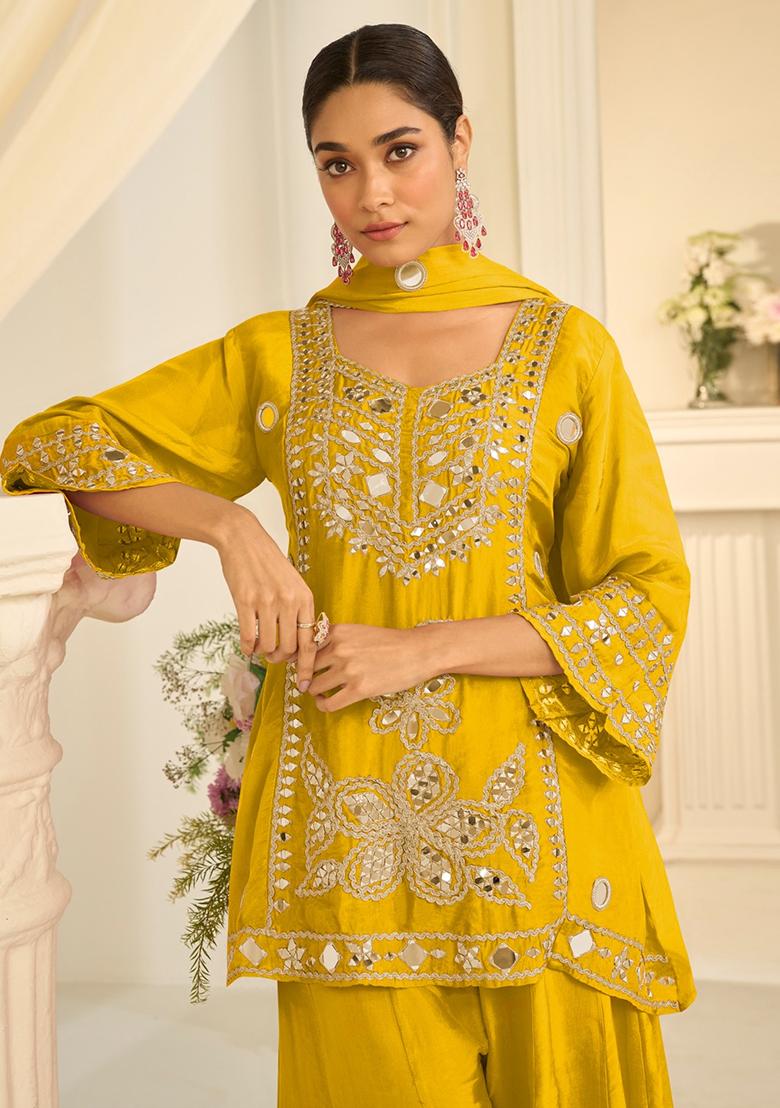 Yellow Embroidery Silk Kurta Set - Indya