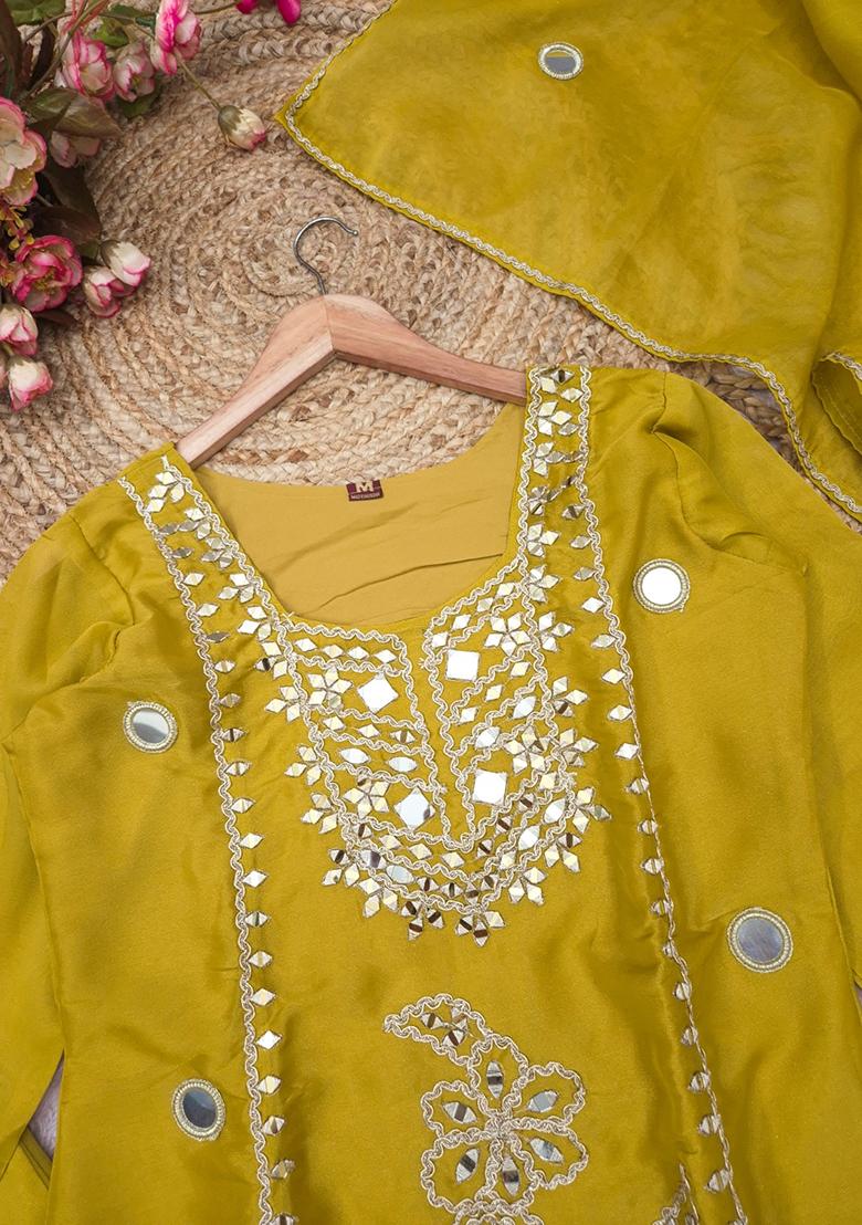 Yellow Embroidery Silk Kurta Set - Indya