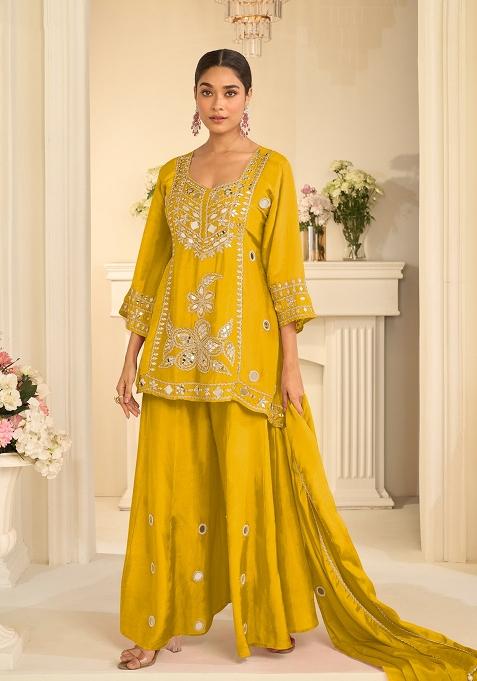 Yellow Embroidery Silk Kurta Set