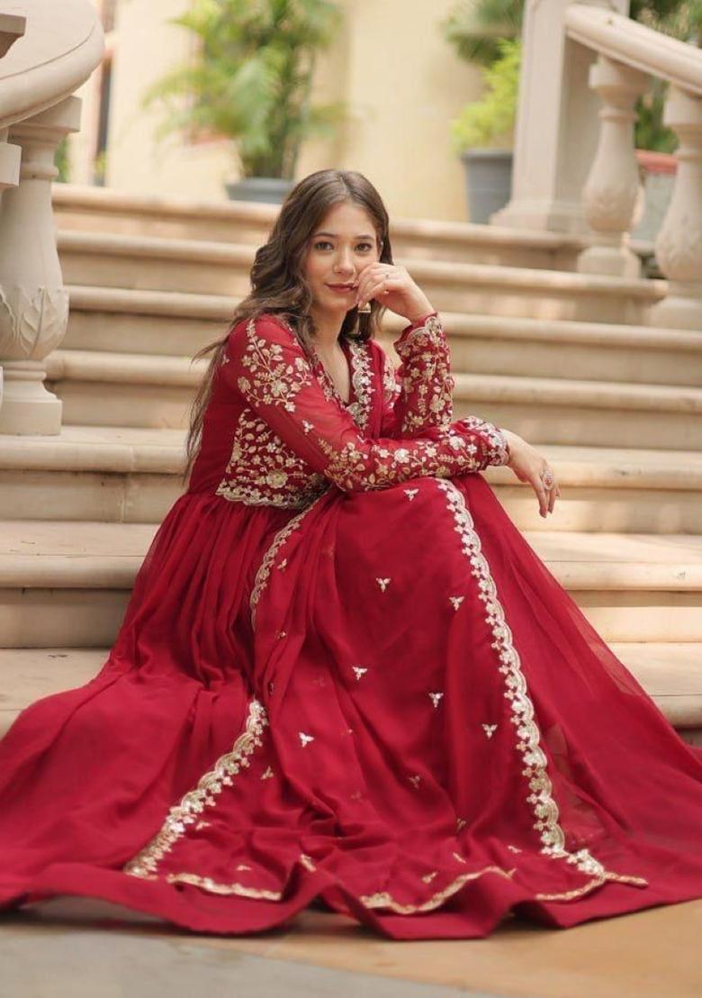 Red Embroidery Georgette Anarkali With Dupatta - Indya