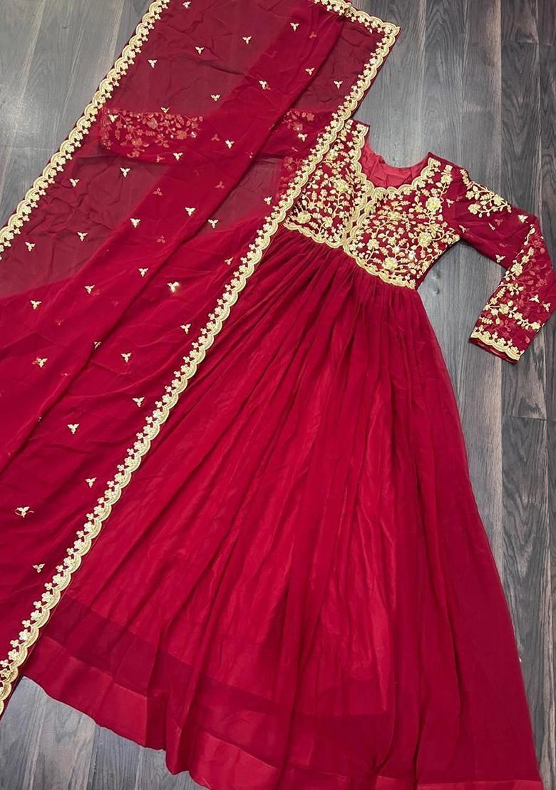 Red Embroidery Georgette Anarkali With Dupatta - Indya