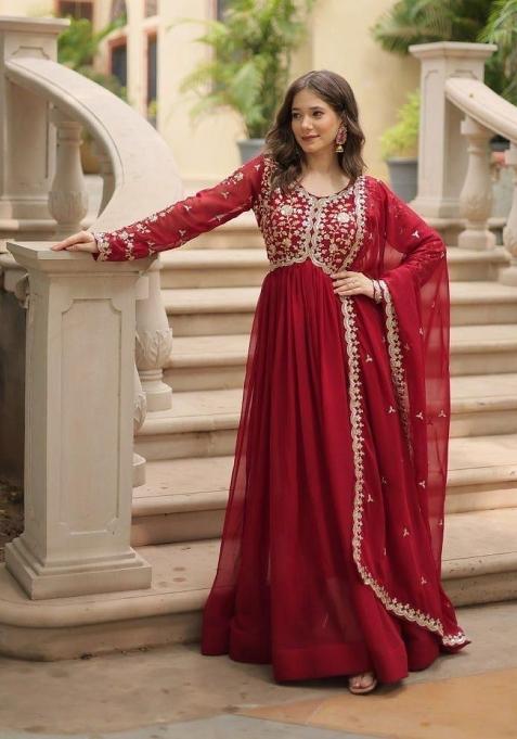 Red Embroidery Georgette Anarkali With Dupatta