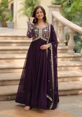 Violet Embroidery Georgette Anarkali With Dupatta