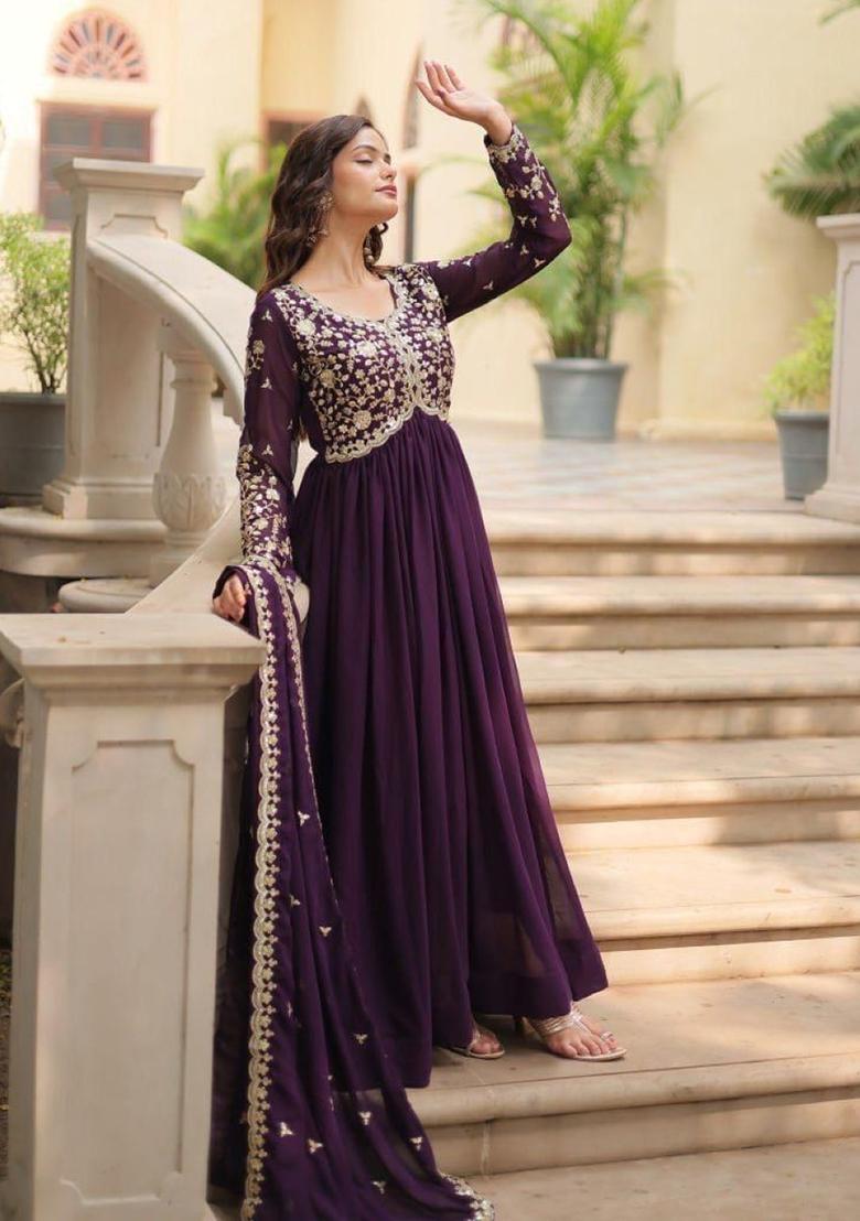 Violet Embroidery Georgette Anarkali With Dupatta - Indya