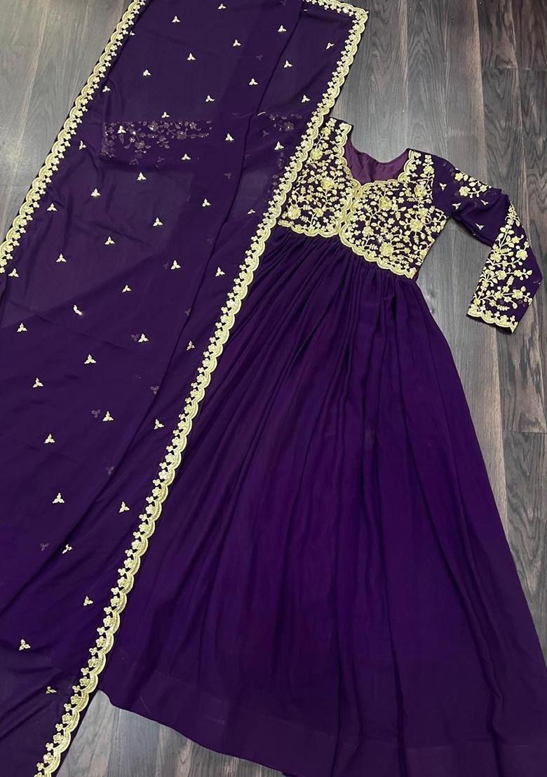 Violet Embroidery Georgette Anarkali With Dupatta - Indya