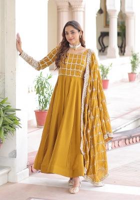 Mustard Embroidery Silk Anarkali With Dupatta