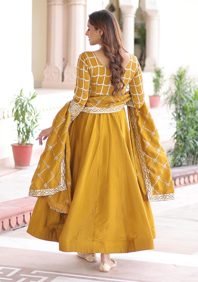 Mustard Embroidery Silk Anarkali With Dupatta - Indya