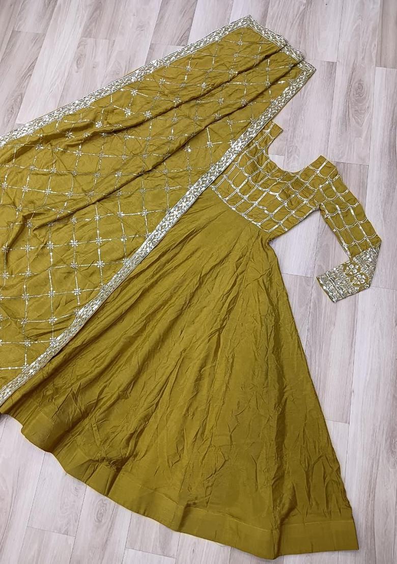 Mustard Embroidery Silk Anarkali With Dupatta - Indya