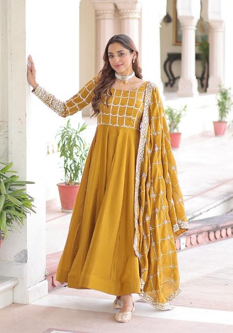 Mustard Embroidery Silk Anarkali With Dupatta