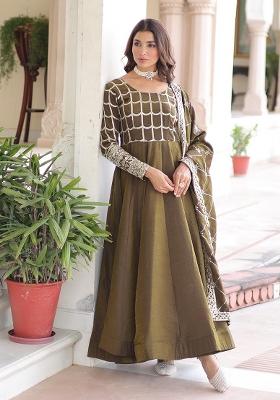 Mehendi Embroidery Silk Anarkali With Dupatta