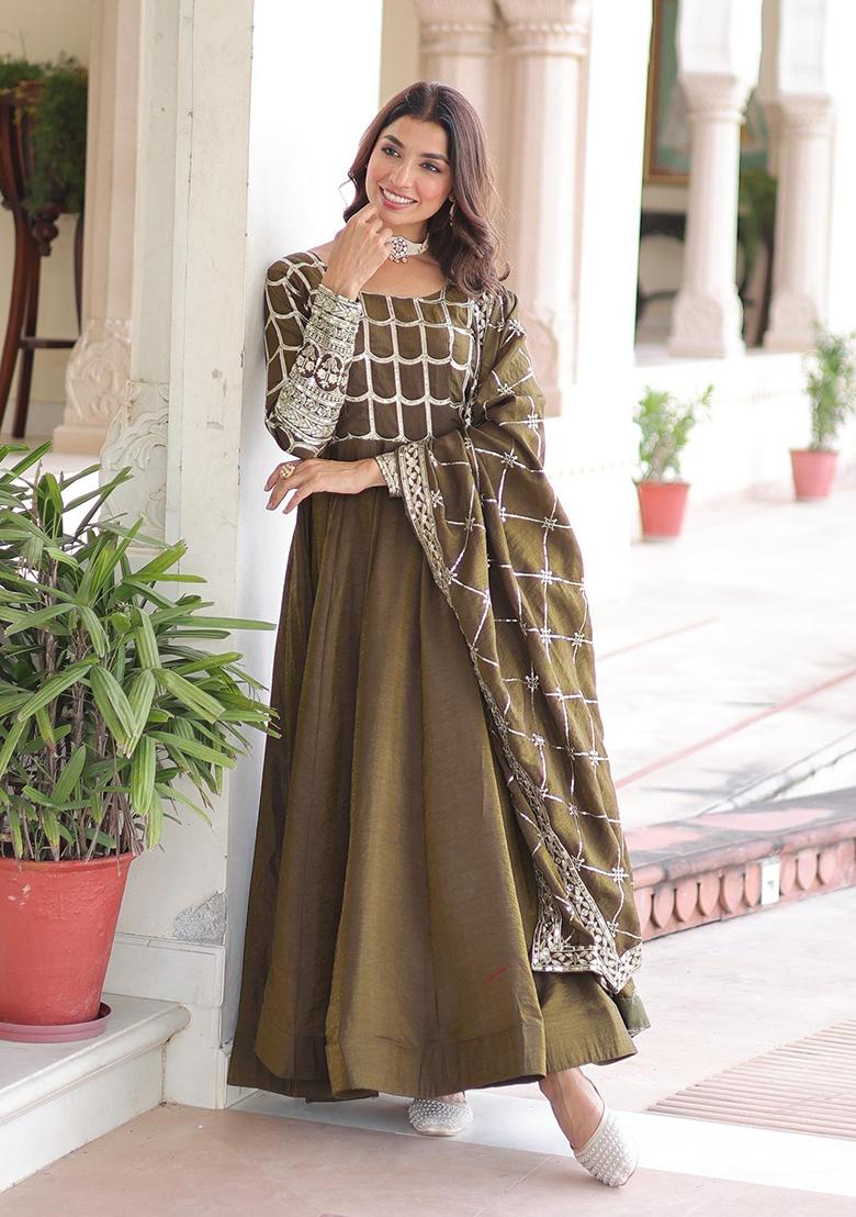 Mehendi Embroidery Silk Anarkali With Dupatta - Indya