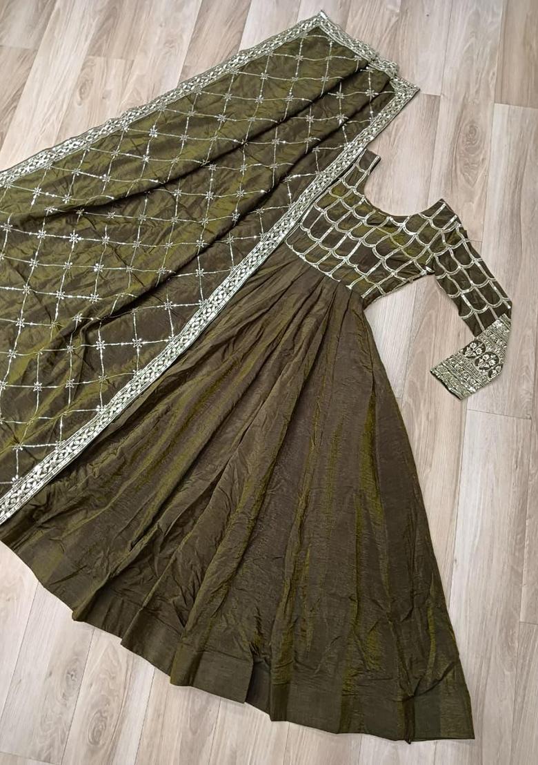 Mehendi Embroidery Silk Anarkali With Dupatta - Indya
