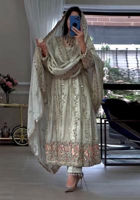 White Embroidery Silk Anarkali Set